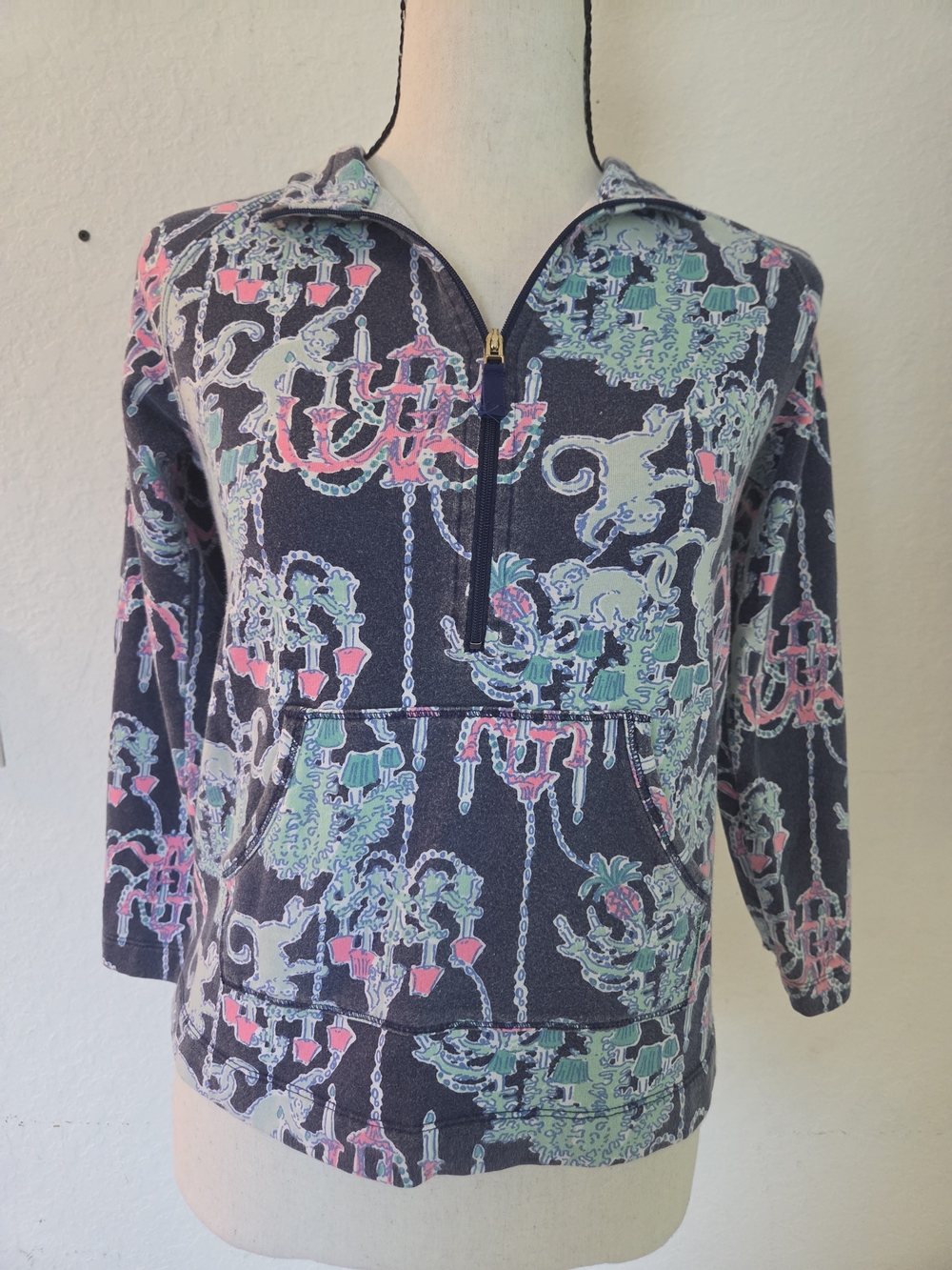 Lilly Pulitzer Girls XL Navy Blue Pink Chandelier Monkey Print 1/4 Zip Pullover
